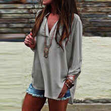 (Gray,XS)Fashion Women Vneck Short Sleeve Tshirt Casual Irregular Hem Loose Tops Blouse