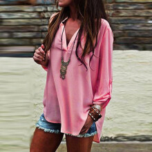 (Pink,5XL)Fashion Women Vneck Short Sleeve Tshirt Casual Irregular Hem Loose Tops Blouse