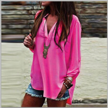 (RoseRed,L)Fashion Women Vneck Short Sleeve Tshirt Casual Irregular Hem Loose Tops Blouse