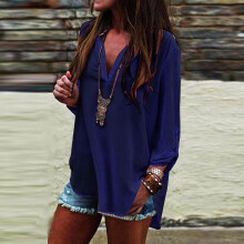 (Blue,L)Fashion Women Vneck Short Sleeve Tshirt Casual Irregular Hem Loose Tops Blouse