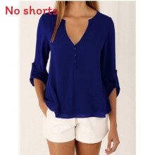 (Blue,L)New Casual Deep V Neck Button Slim Waist Long Sleeves Chiffon Blouse Shirt Top