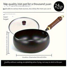 (24CM Lid) Pot traditionnel en fer fait à la main avec grand ventre, surface miroir, antiadhésif, sans revêtement, résistant aux