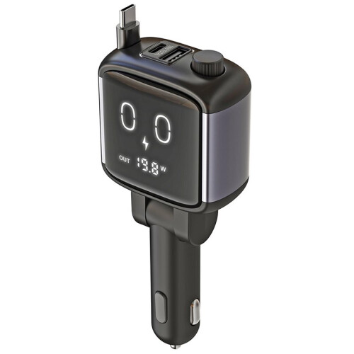 Retractable Cable Car Phone PD 18W Retractable Type-C Car Charger with Display Fast Charging Data Cable
