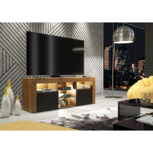 TV Unit Pulse 145cm - Oak & Black with Matte Doors and LED Lights 1