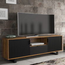 TV Unit Blackridge 160cm - Dark Oak with Black Fluted Doors & Drawer