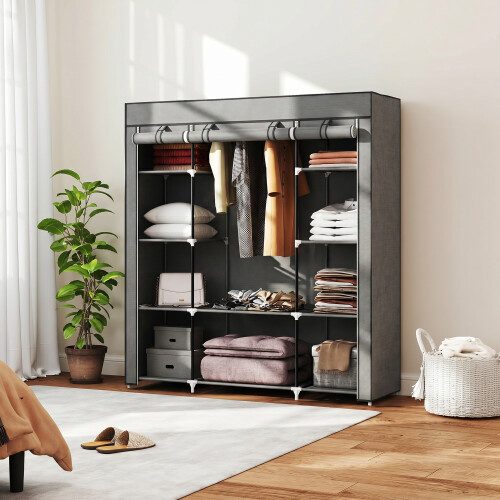 Homcom HOMCOM Fabric Wardrobe with 10 Shelves, Foldable Closet Dark Grey
