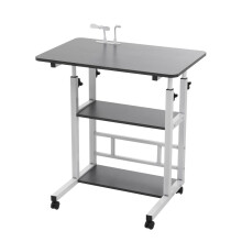 (3-Tier, Black Wood) Mobile Side Table Rolling Laptop Desk w/ USB Ports, Mini Fan & Light, 60x40cm Tabletop, 60-90cm Height Adjustable