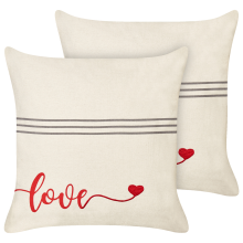 Set of 2 Decorative Cushions PLUMERIA 45 x 45 cm Cotton Beige Text
