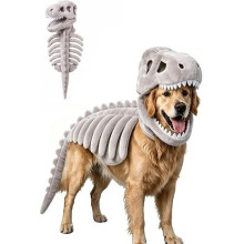 Dog Dinosaur Costume Plush Hood, 3D Dinosaur Bone Halloween Pet Hooded Outfit Clothes for Pet Cosplay Party Dress A