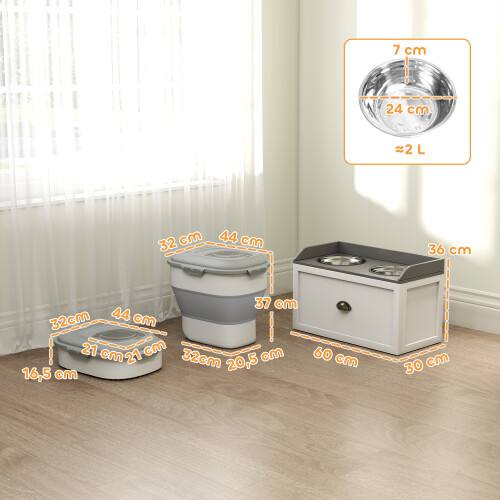 PawHut Conjunto Comedero Contenedor Blanco 60 x 30 x 36 cm