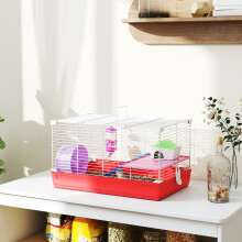 (Red) PawHut Hamster Cage Pet Animal Travel Cage Box Double Layers w/ Accessories