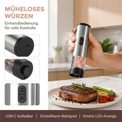 2 in 1 Salt and Pepper Mill Electric Set, Rechargeable,Automatic Pepper Mill,LED Lighting,Adjustable Mill,Large Capacity 1