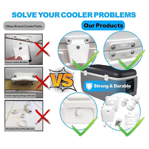 Cooler Replacement Parts Kit, Ice Chest Plastic Hinges,  Posts, and Screws, Threaded, and Triple-Snap Drain Plug