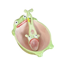 Funny Frog Bowl with Leaping Frog Spoon - Hand-Painted Ceramic Soup Bowl, Cute Candy Jar & Kitchen Decor Gift Green