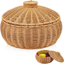 Round Plastic Boxes with Lid Woven Storage Decorative Basket Hand-Woven Multi-Purpose Wicker Tray Picnic Food Bread