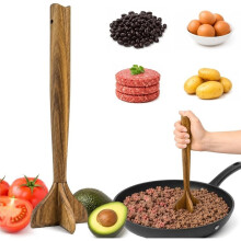 Holz-Fleischstampfer, Holz-Fleischhacker für Hackfleisch, 11 Zoll Hamburger Stampfer Werkzeug, Manueller Burger Kartoffelstampfer