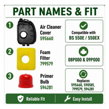 Air Cleaner Cover 595660,Foam Filter 799579,and Primer Bulb 594281 Kit for BS 550E / 550EX Engine Series Lawn Mowers