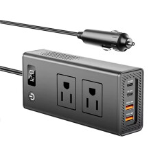 Adaptador Inversor Portátil para Carro de 200 W com 4 Portas USB, 2 Tomadas, Visor Digital e Carregamento Rápido PD para Viagens (Plugue Americano).