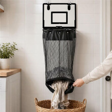 Fun Laundry Basket for Kids Indoor Basketball Hoop Zipper Bottom Storage Bag Thickened Breathable Mesh No Drill Mounting