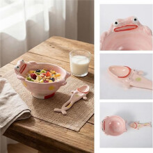 Funny Frog Bowl with Leaping Frog Spoon - Hand-Painted Ceramic Soup Bowl, Cute Candy Jar & Kitchen Decor Gift Green
