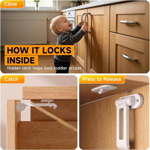 10 Pack Hidden Child Safety Cabinet Locks , Hidden Inside Latches with Adhesive, Keyless Release 2