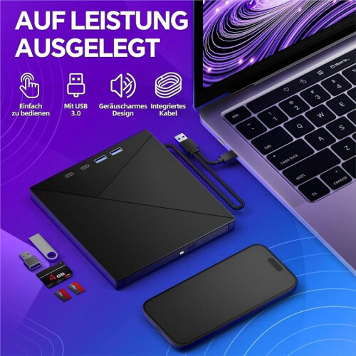 External CD DVD Drive, DVD Burner USB-C & USB-A with TF/ Reader Type C Portable External CD DVD Burner 1