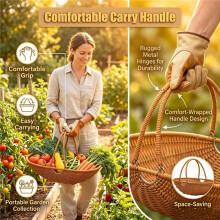 Wicker Harvest Basket with Foldable Handle for Garden Vegetables, Fruits, Flowers, Portable Gathering & Storage Tool S