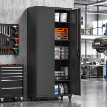 HOMCOM Metal Storage Cabinet with Removable Wheels and Adjustable Shelves