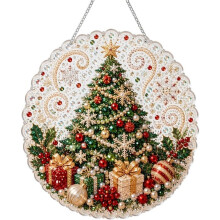 Christmas Pearl Diamond Painting Suncatcher Kit,DIY Pre-Assembled Metal Chain,Round Board with Lace B