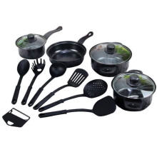 13Pcs Non-Stick Cookware Set, Cast Iron Pots & Pans with Glass Lids & Utensils for Camping Picnic Travel Black