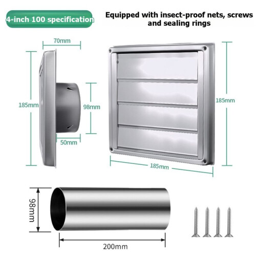 Tampa de Ventilação de Parede de 4 Polegadas, Cobertura de Ventilação de Exaustão Externa com Venezianas e Tela Contra Insetos para Sistema de 2