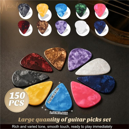 150-Pack Gitarrplektrum, 3 Olika Tjocklekar Elgitarrplektrum Färgglatt Celluloidgitarrplektrum för Gitarr Ukulele 2