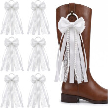 6 Pcs White Ribbon Boot Bows, Boot Bows with Glitter Pearl Lace for Cowgirl Boots, Boots Ribbon Bow for Women, DIY