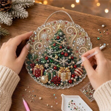 Christmas Pearl Diamond Painting Suncatcher Kit,DIY Pre-Assembled Metal Chain,Round Board with Lace A