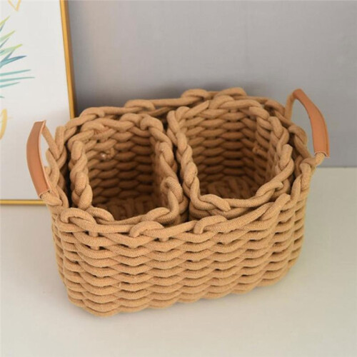 3-Pack Nesting Woven Cotton Rope Storage Baskets, Khaki, Decorative Organizer Bins with Handles