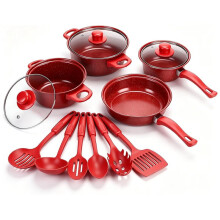 13Pcs Non-Stick Cookware Set, Cast Iron Pots & Pans with Glass Lids & Utensils for Camping Picnic Travel Red