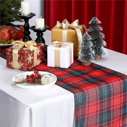 2 Peças de Caminho de Mesa Xadrez Escocês Natalino, 72 X 13 Polegadas, Vermelho e Verde, Decoração de Mesa para Cozinha e Sala de Jantar 2