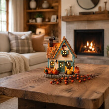 Autumn Pumpkin Cottage Decoration Warm Lighted Resin Village House Figurine for Mantels, Entryway Table