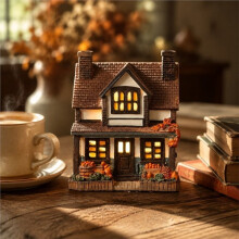 Autumn Pumpkin Cottage Decoration Warm Lighted Resin Village House Figurine for Mantels, Entryway Table