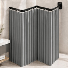 No Drill Shower Curtain Rod with Curtain, Foldable Corner Shower Curtain Rail, 120cm 4-Part Folding Rod for Bathtub, RV, Caravan & Small Bathrooms