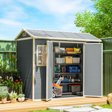 Outsunny 8 x 4 ft Plastic Garden Shed with Floor, Lockable Doors, Light Grey