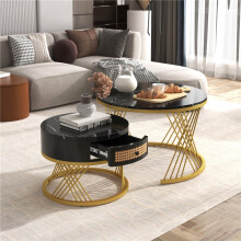 Marble-Veneer & Rattan Coffee Table – 2-in-1