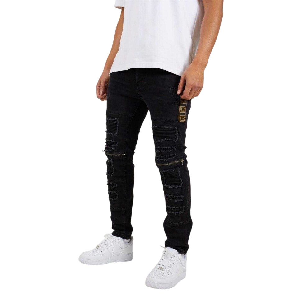 Brave Soul (28L, Charcoal Wash) Mens Biker Stitched Skinny Jeans