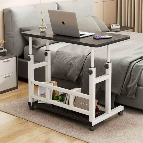 Living And Home Lockable Rolling Side Table Laptop Desk with Bottom Shelf, 60x40cm, Black Wood Grain 2