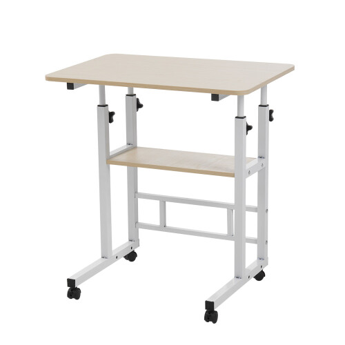 Living And Home 60x40cm Rolling Mobile Side Table Laptop Desk w/ Middle Shelf, White Maple Tabletop, 60-90cm Height Adjustable