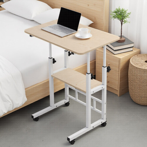 Living And Home 60x40cm Rolling Mobile Side Table Laptop Desk w/ Middle Shelf, White Maple Tabletop, 60-90cm Height Adjustable 2