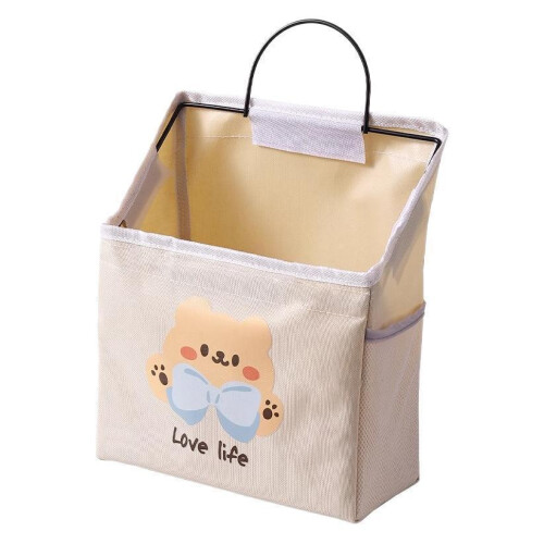 (Bear Beige) Cartoon Bedside Wall Mount Storage Pocket With Cotton Material Use Dormitory For