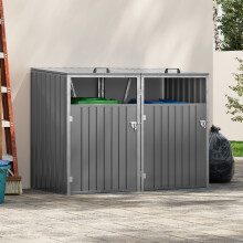 162cm Double Bin Storage Shed - Grey Metal Outdoor Garbage Enclosure with Lockable Doors