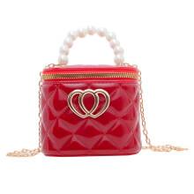 (Red) Color Solid Kids Pvc Bag With Artificial Pearl Handbag And Decor Shaped Heart