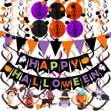 Halloween feestdecoratieset – Inclusief "Happy Halloween" banner, honingraatballen, hangende slingers en vlaggetjes.